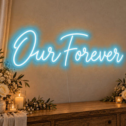 Our Forever Neon Sign in ice blue LED neon on clear acrylic, angled view