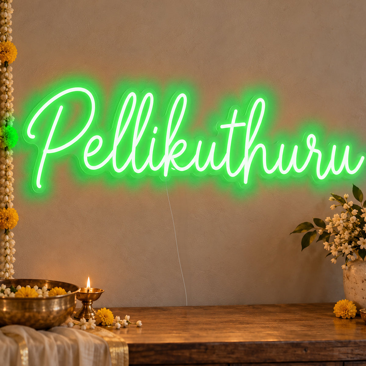 Pellikuthuru Neon Sign in green LED neon on clear acrylic, angled view