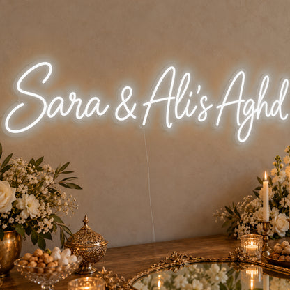 Personalised Aghd Neon Sign in white LED neon on clear acrylic, angled view