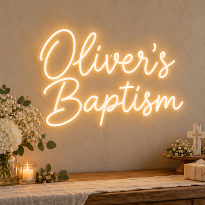 Personalised Baptism Neon Sign on clear cut-to-shape acrylic, illuminated on a wall in a styled celebration setting; sample personalised wording shown