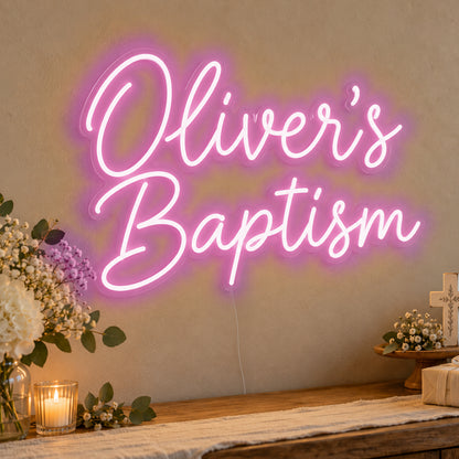 Personalised Baptism Neon Sign in pink LED neon on clear acrylic, angled view