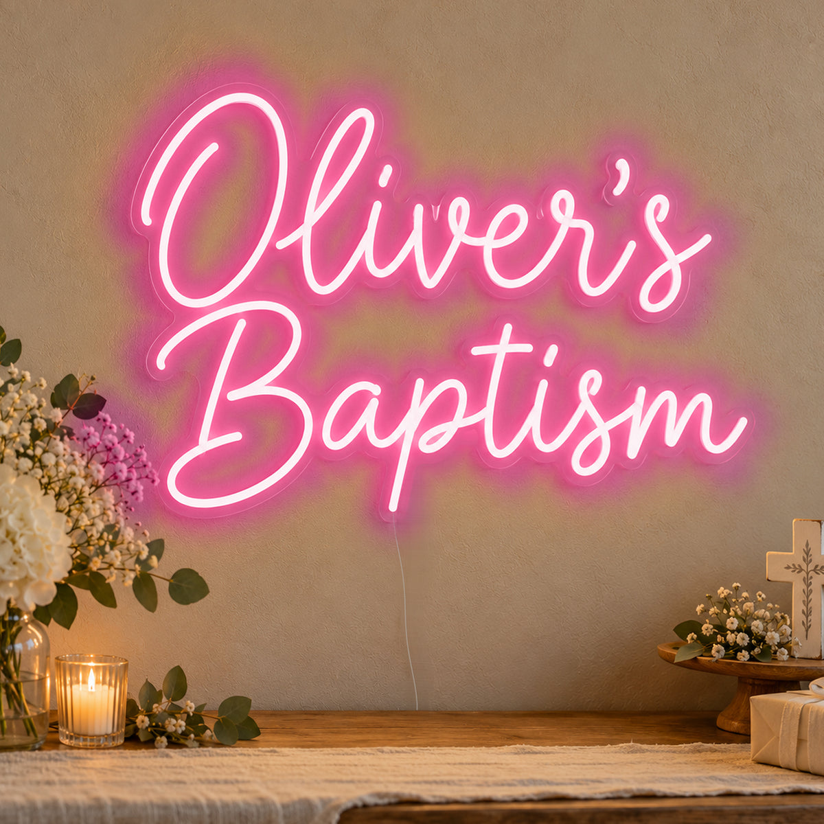 Personalised Baptism Neon Sign in rose red LED neon on clear acrylic, angled view