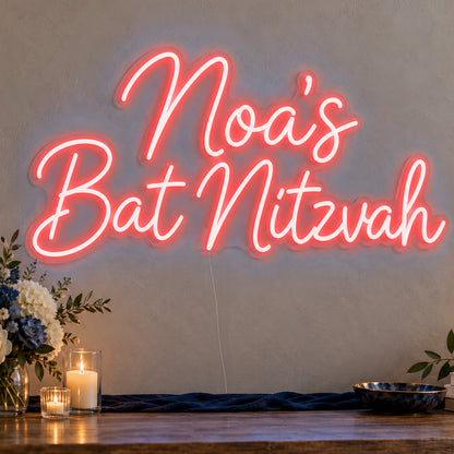 Personalised Bat Mitzvah Neon Sign in red LED neon on clear acrylic, angled view