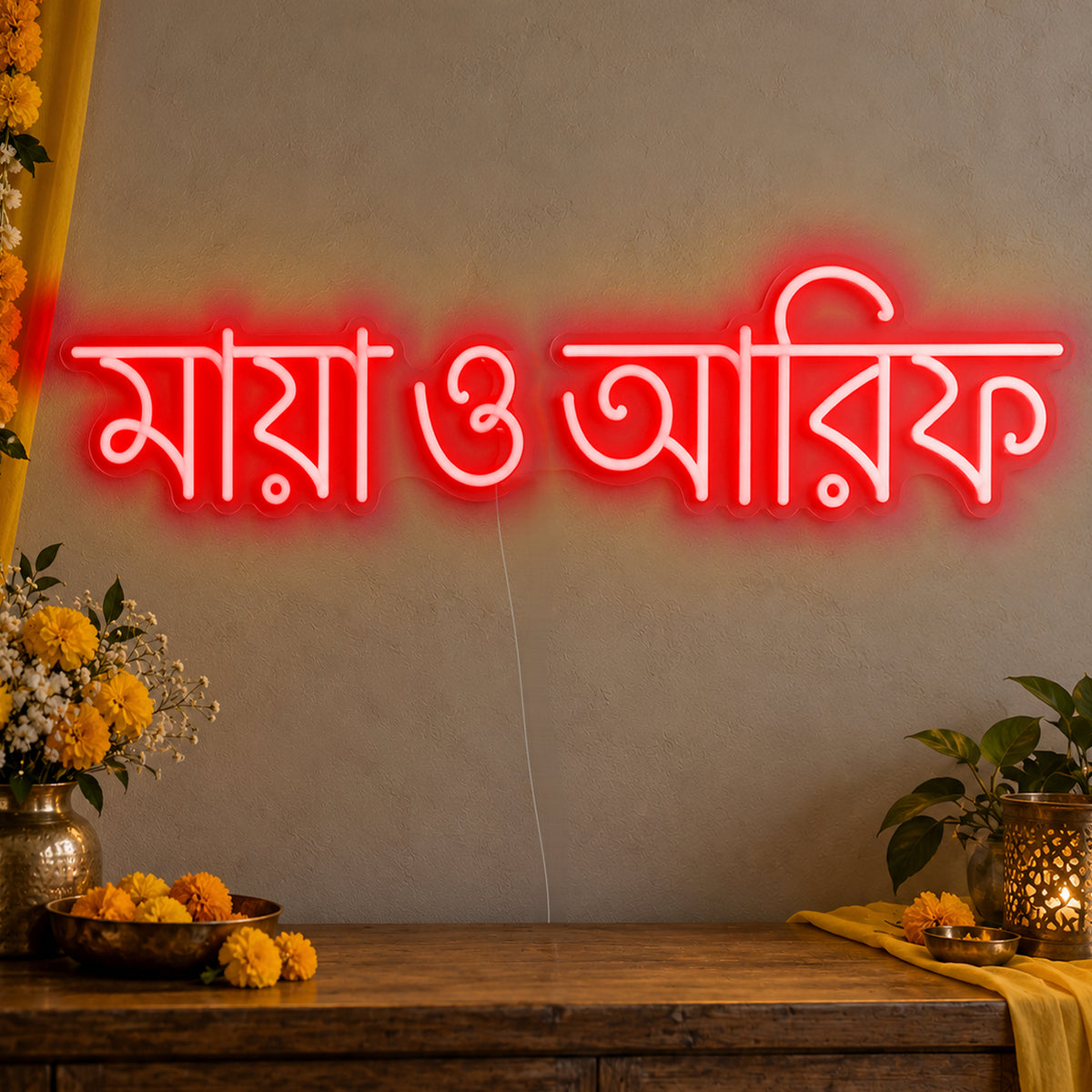 Personalised Bengali Couple Names Neon Sign in red LED neon on clear acrylic, angled view