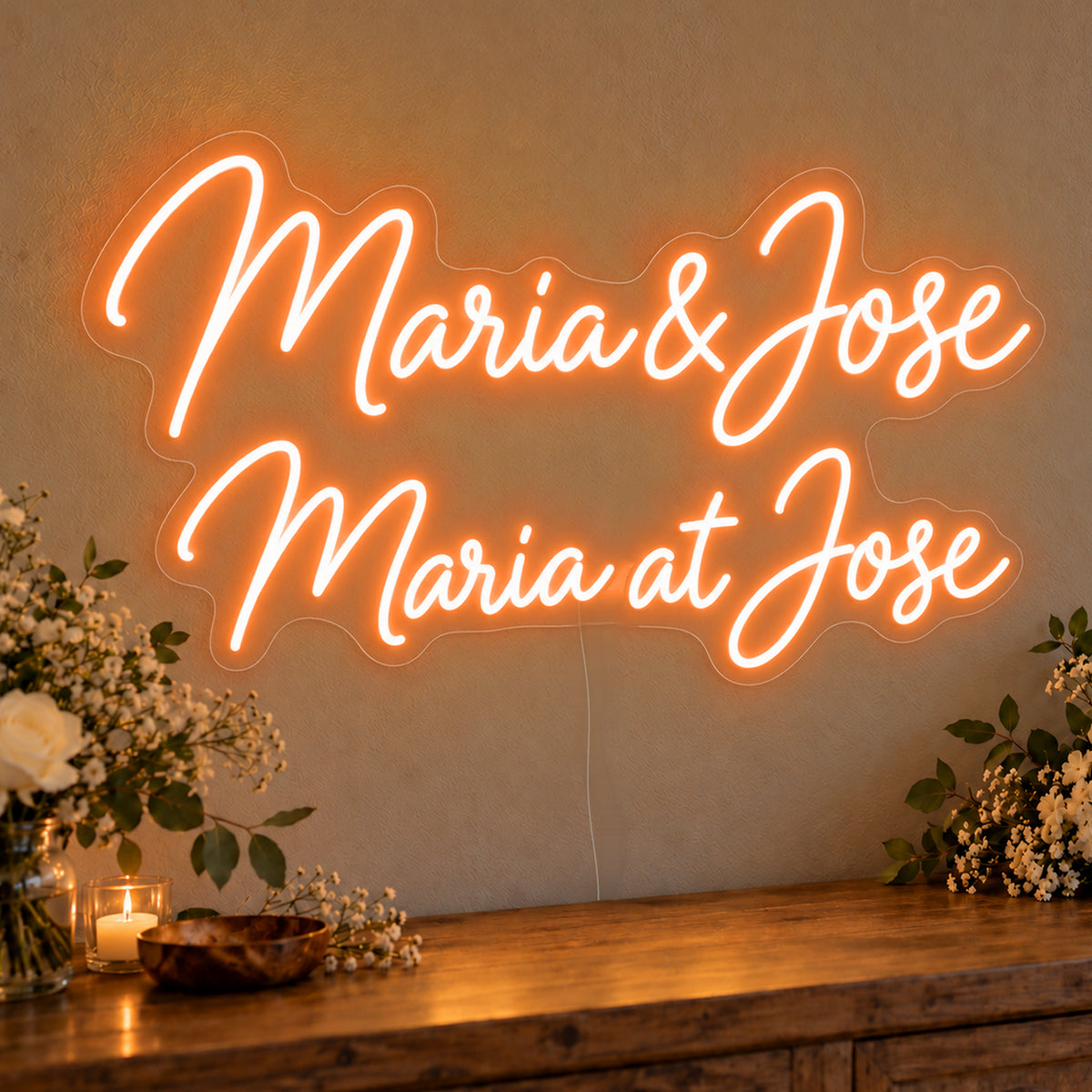 Personalised Bilingual Filipino Names Neon Sign in orange LED neon on clear acrylic, angled view