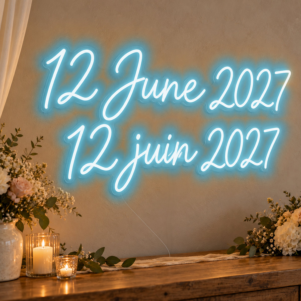 Personalised Bilingual Wedding Date Neon Sign in ice blue LED neon on clear acrylic, angled view