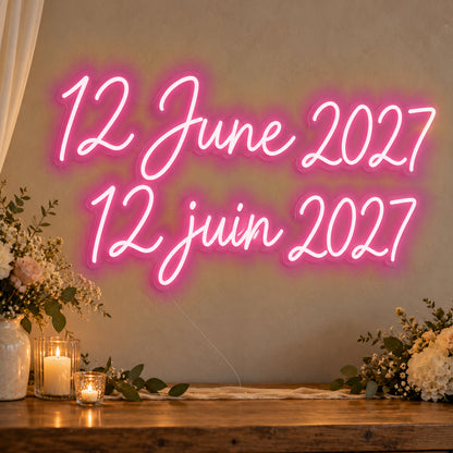 Personalised Bilingual Wedding Date Neon Sign in rose red LED neon on clear acrylic, angled view