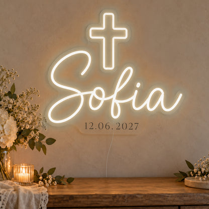 Personalised Cross Name Date Neon Sign in warm white LED neon on clear acrylic, angled view