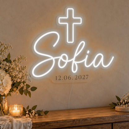 Personalised Cross Name Date Neon Sign in white LED neon on clear acrylic, angled view