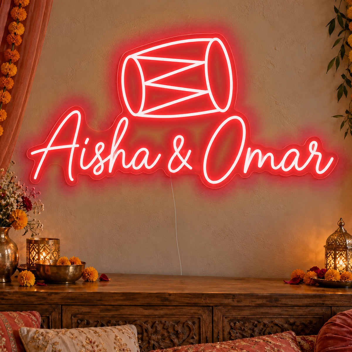 Personalised Dholki Drum Neon Sign in red LED neon on clear acrylic, angled view