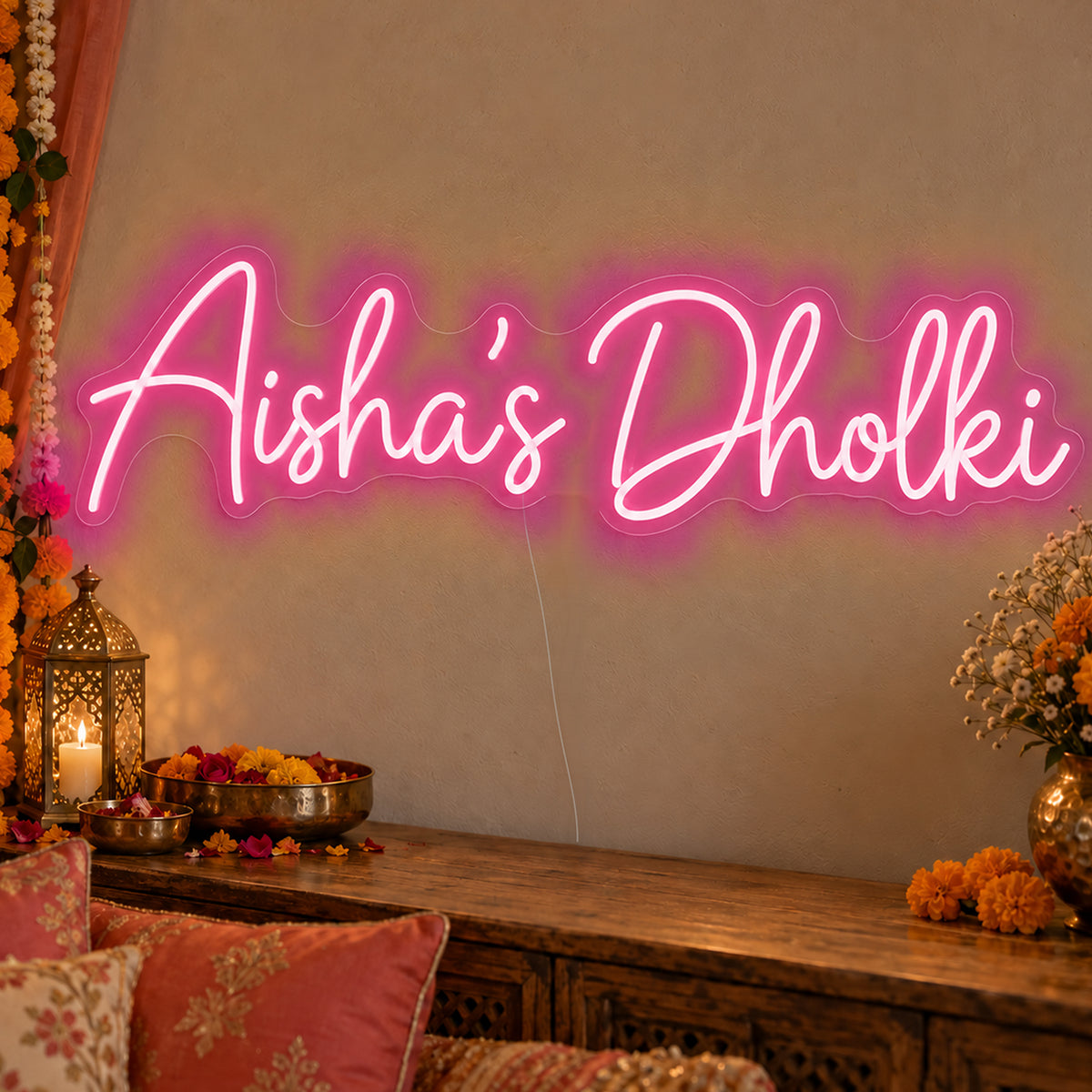 Personalised Dholki Neon Sign in rose red LED neon on clear acrylic, angled view