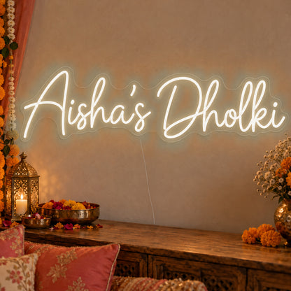 Personalised Dholki Neon Sign in warm white LED neon on clear acrylic, angled view