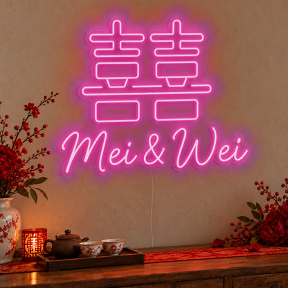 Personalised Double Happiness Names Neon Sign in pink LED neon on clear acrylic, angled view