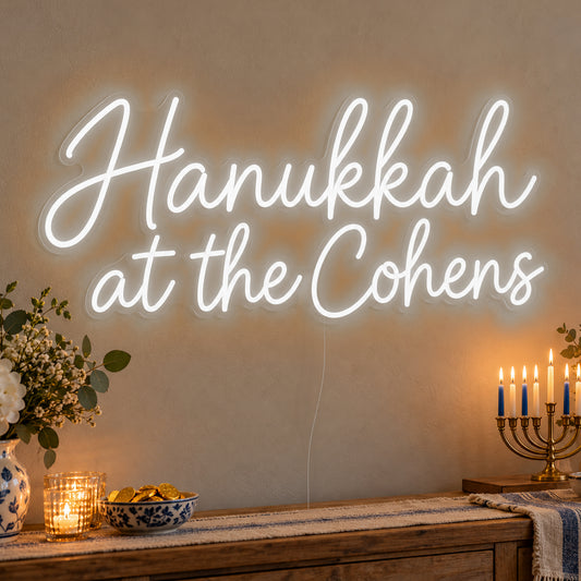 Personalised Family Hanukkah Neon Sign in white LED neon on clear acrylic, angled view