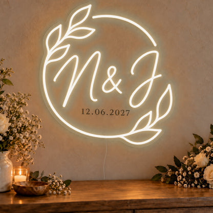 Personalised Filipino Wedding Monogram Neon Sign in warm white LED neon on clear acrylic, angled view