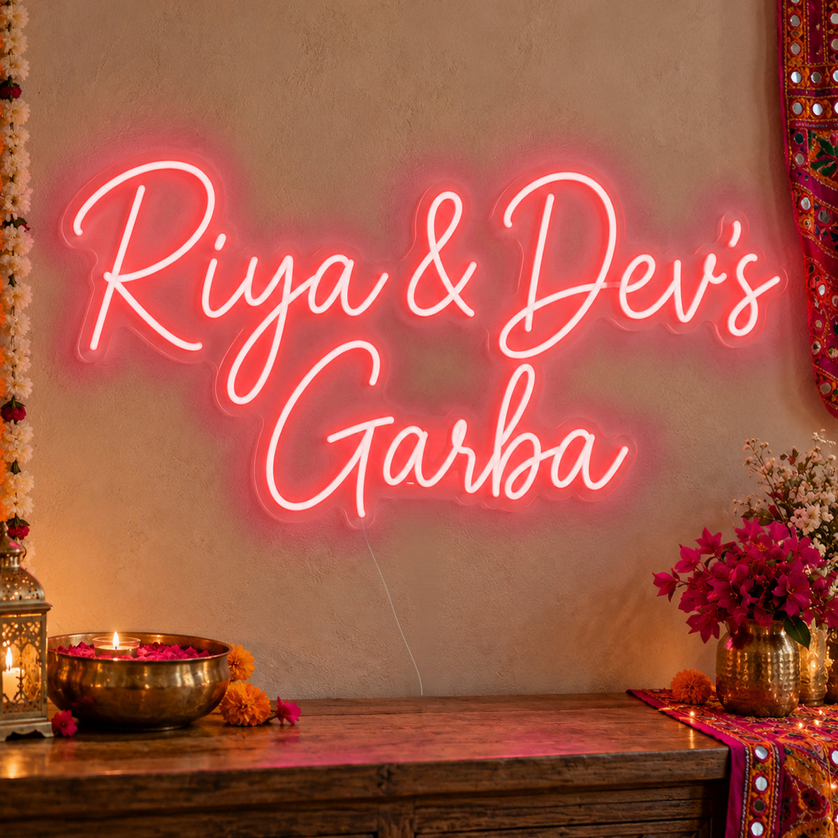 Personalised Garba Neon Sign in red LED neon on clear acrylic, angled view