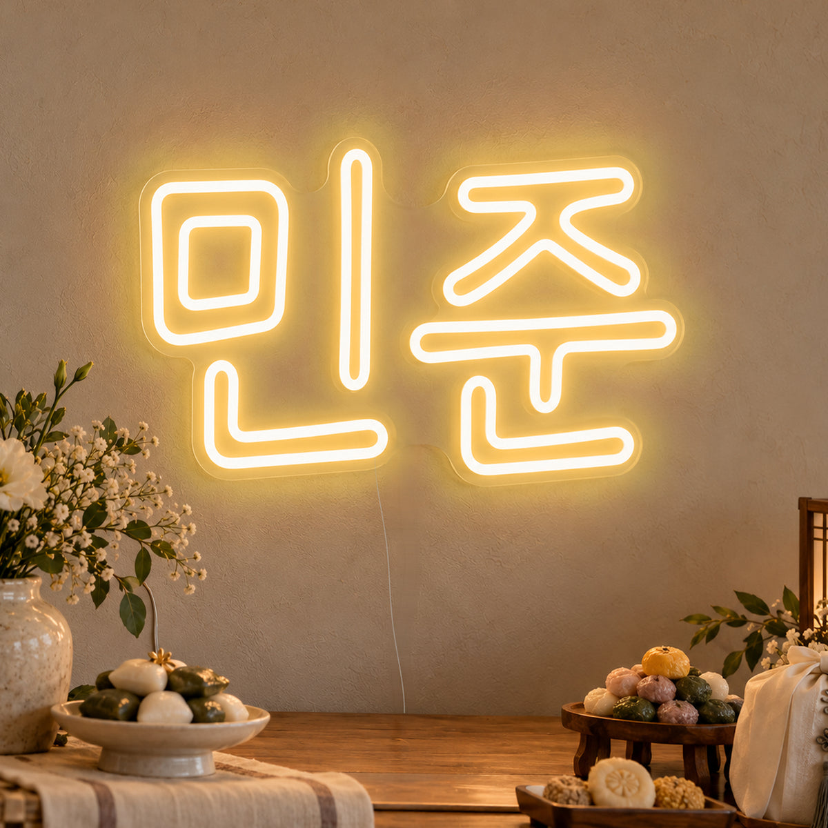 Personalised Hangul Name Neon Sign in gold LED neon on clear acrylic, angled view
