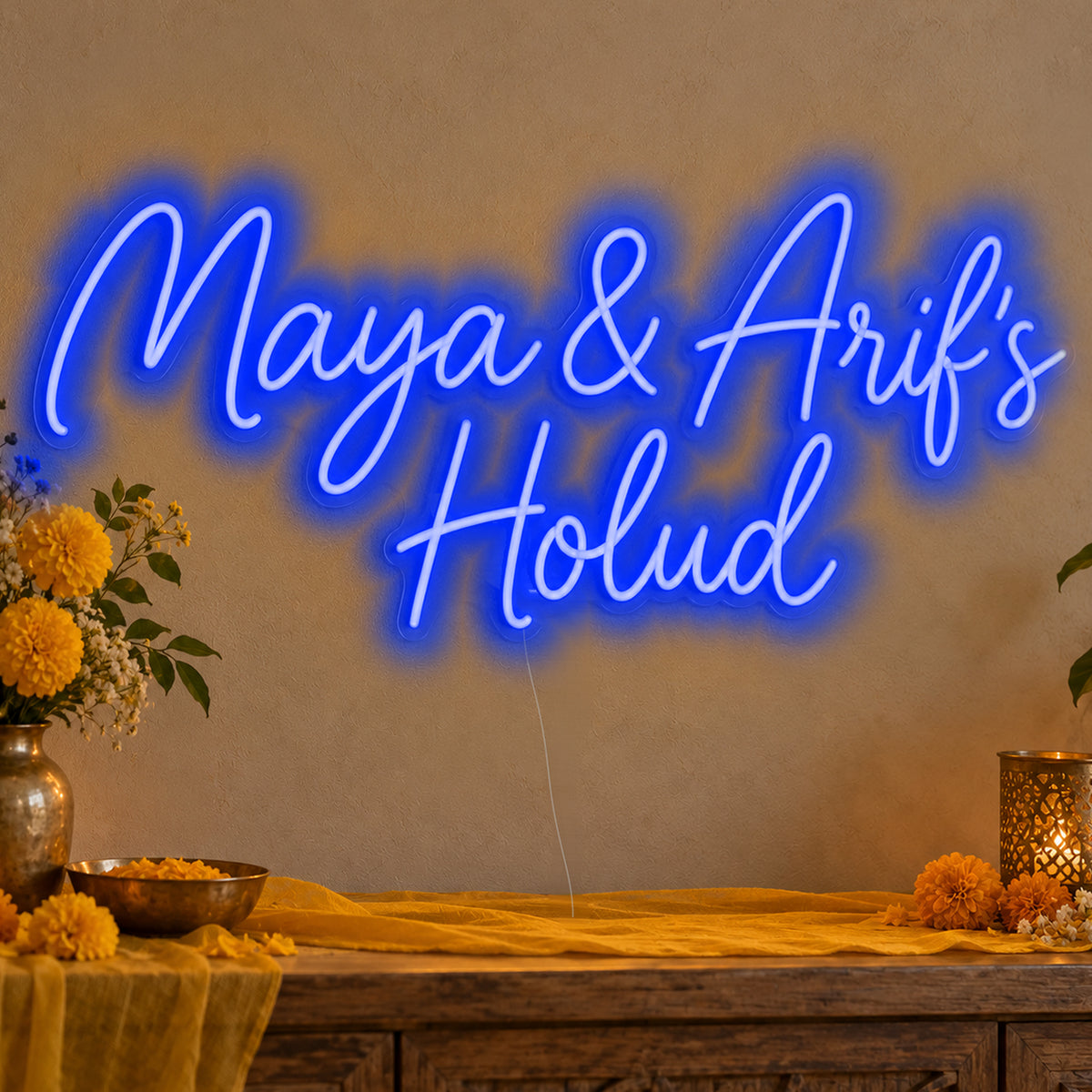 Personalised Holud Neon Sign in blue LED neon on clear acrylic, angled view