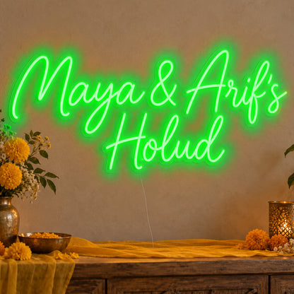 Personalised Holud Neon Sign in green LED neon on clear acrylic, angled view