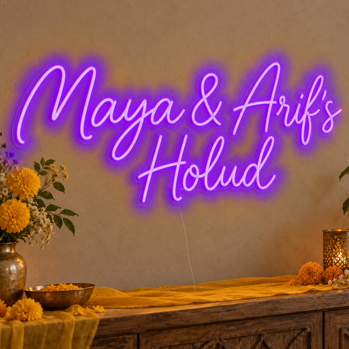 Personalised Holud Neon Sign in purple LED neon on clear acrylic, angled view