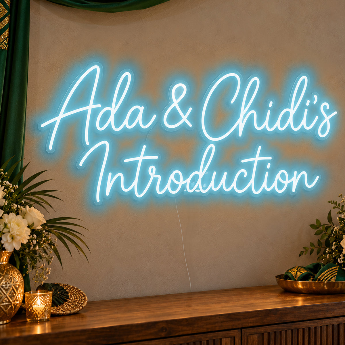 Personalised Introduction Neon Sign in ice blue LED neon on clear acrylic, angled view