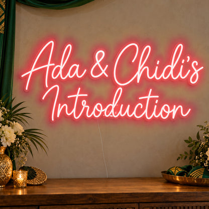 Personalised Introduction Neon Sign in red LED neon on clear acrylic, angled view