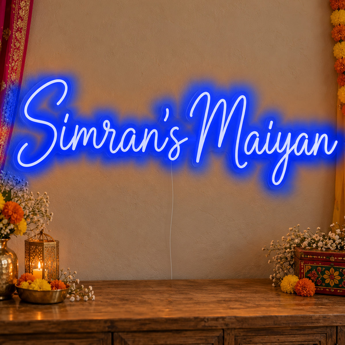 Personalised Maiyan Neon Sign in blue LED neon on clear acrylic, angled view