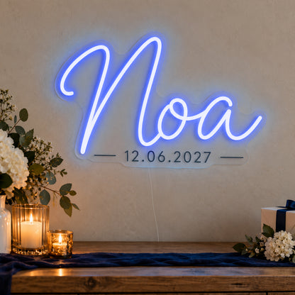 Personalised Mitzvah Name Date Neon Sign in blue LED neon on clear acrylic, angled view