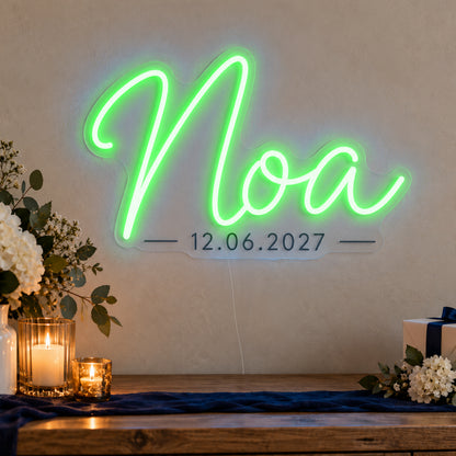 Personalised Mitzvah Name Date Neon Sign in green LED neon on clear acrylic, angled view