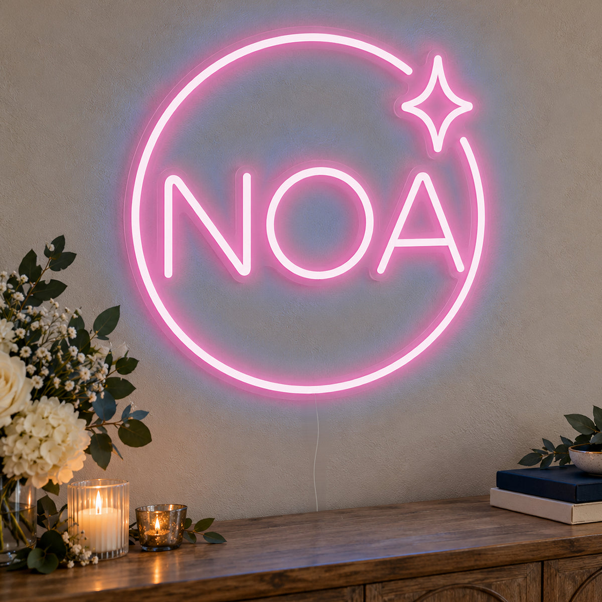 Personalised Mitzvah Party Logo Neon Sign in pink LED neon on clear acrylic, angled view