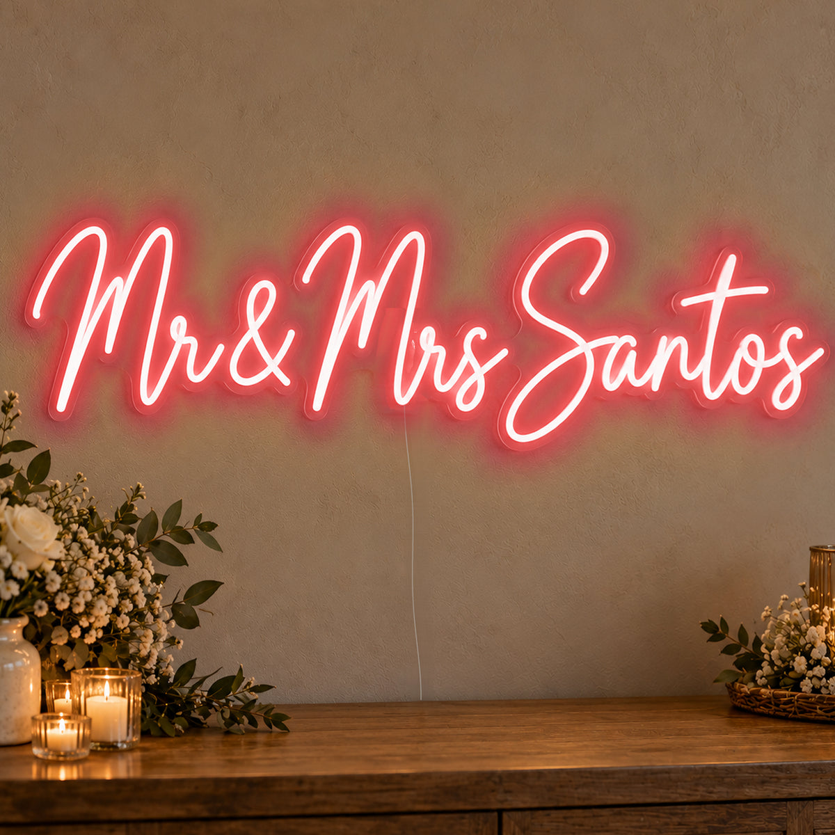 Personalised Mr & Mrs Surname Neon Sign in red LED neon on clear acrylic, angled view