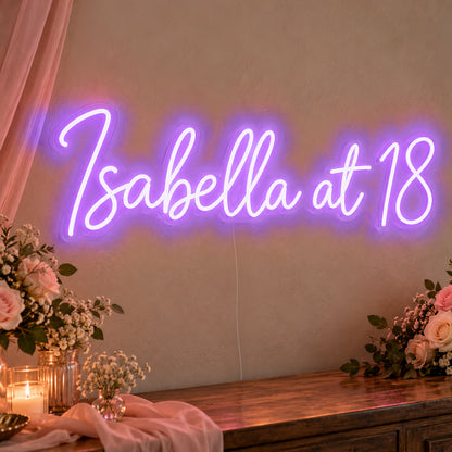Personalised Name At 18 Neon Sign in purple LED neon on clear acrylic, angled view