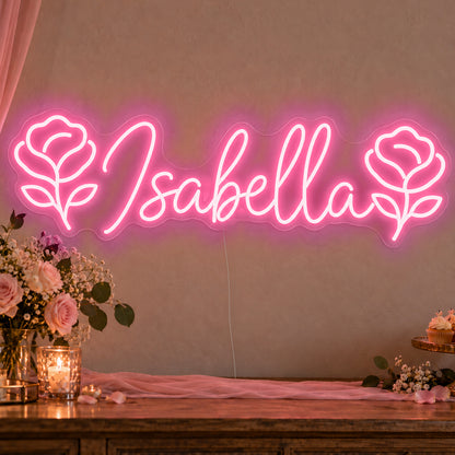 Personalised Name Roses Neon Sign in rose red LED neon on clear acrylic, angled view