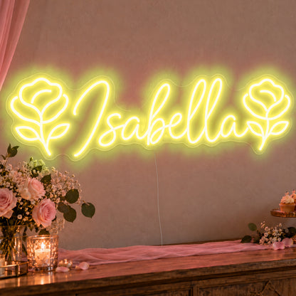 Personalised Name Roses Neon Sign in yellow LED neon on clear acrylic, angled view