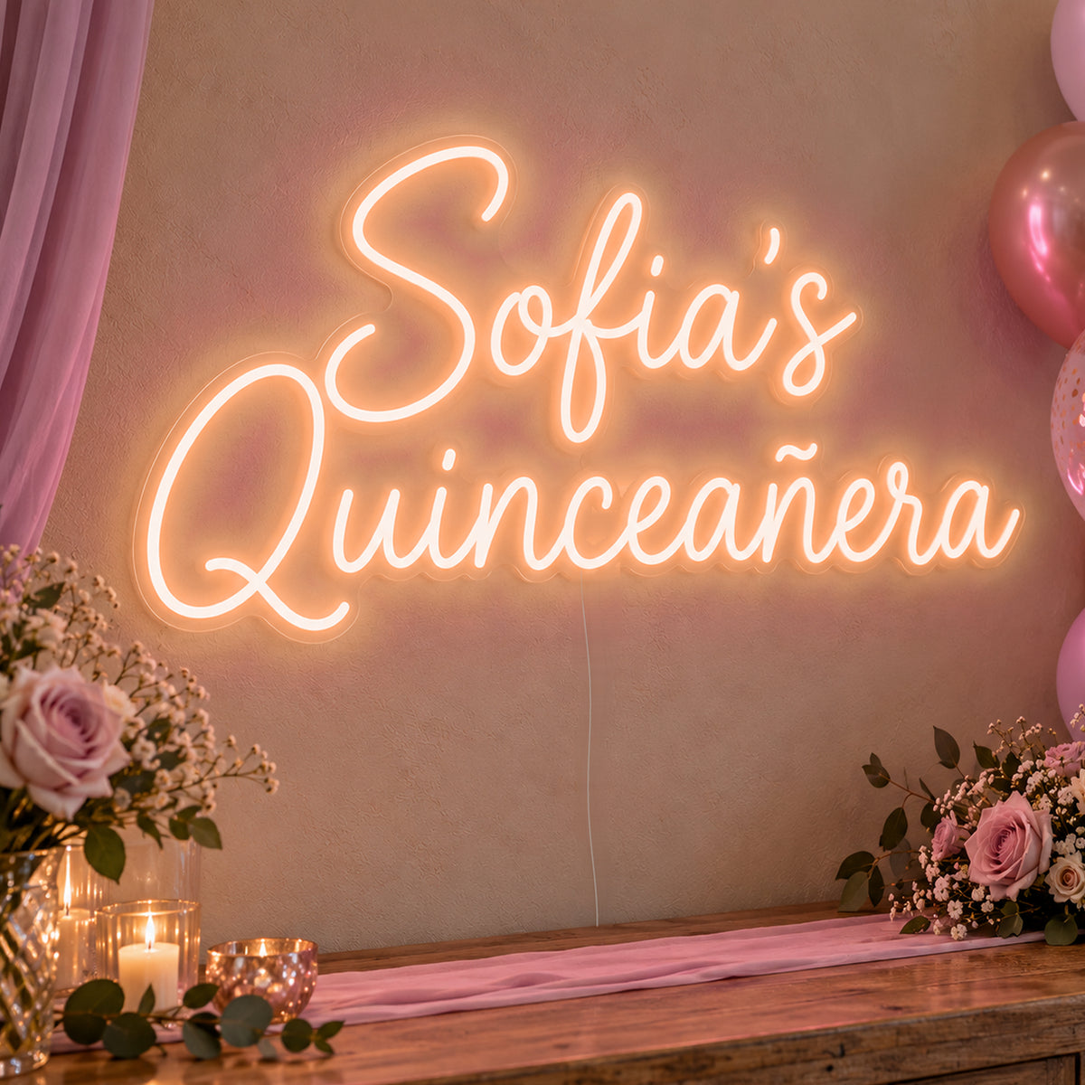 Personalised Quinceañera Neon Sign in orange LED neon on clear acrylic, angled view