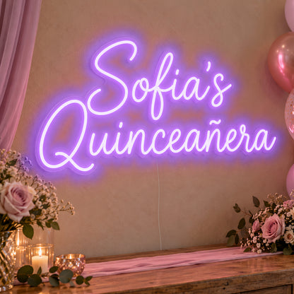 Personalised Quinceañera Neon Sign in purple LED neon on clear acrylic, angled view