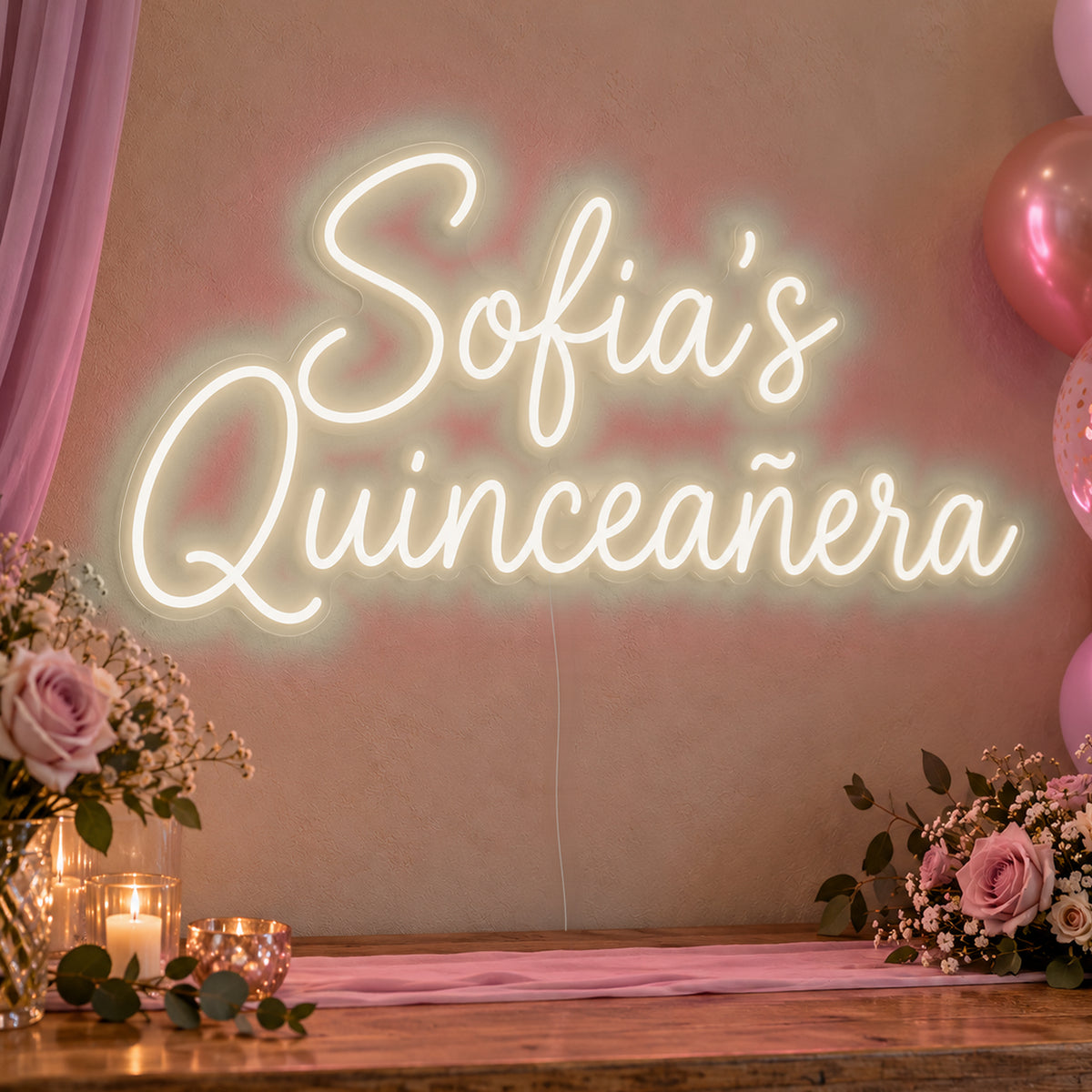 Personalised Quinceañera Neon Sign in warm white LED neon on clear acrylic, angled view