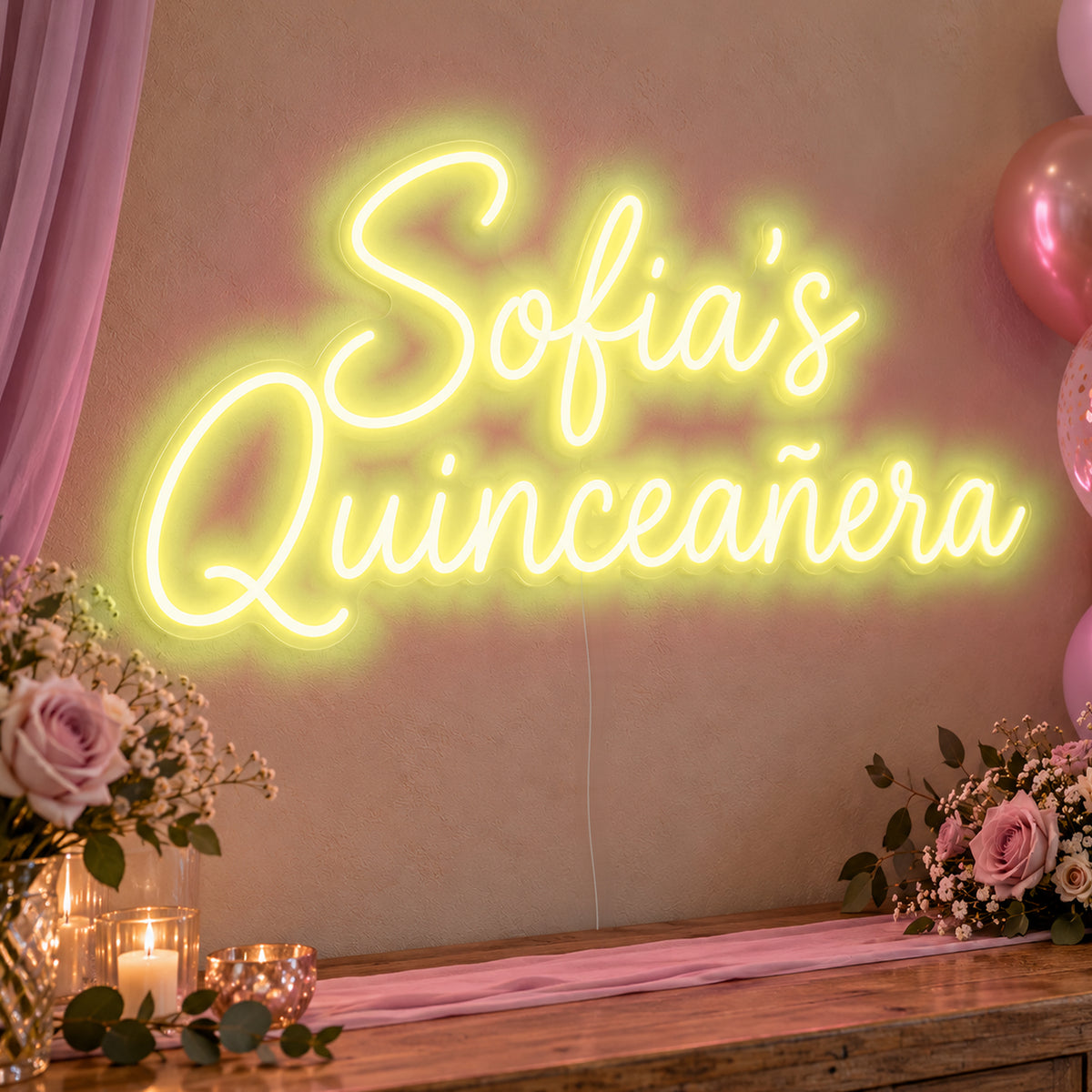 Personalised Quinceañera Neon Sign in yellow LED neon on clear acrylic, angled view