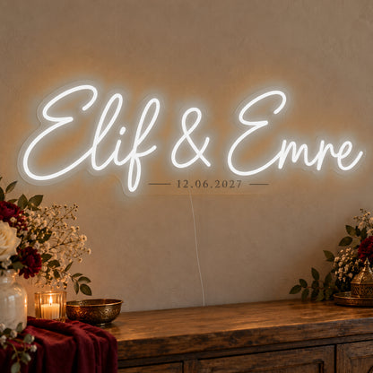 Personalised Turkish Names Date Neon Sign in white LED neon on clear acrylic, angled view