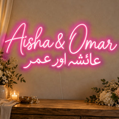 Personalised Two Script Names Neon Sign in rose red LED neon on clear acrylic, angled view