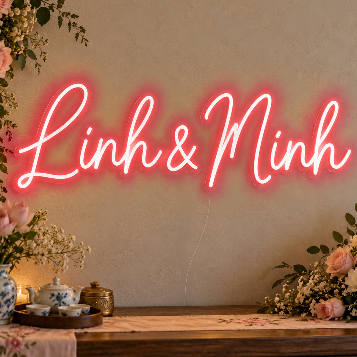 Personalised Vietnamese Couple Names Neon Sign in red LED neon on clear acrylic, angled view