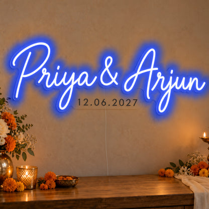 Personalised Wedding Date Neon Sign in blue LED neon on clear acrylic, angled view