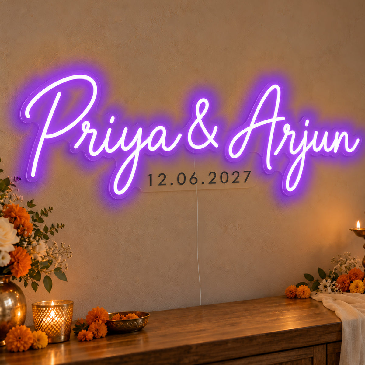 Personalised Wedding Date Neon Sign in purple LED neon on clear acrylic, angled view