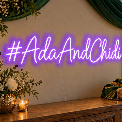 Personalised Wedding Hashtag Neon Sign in purple LED neon on clear acrylic, angled view
