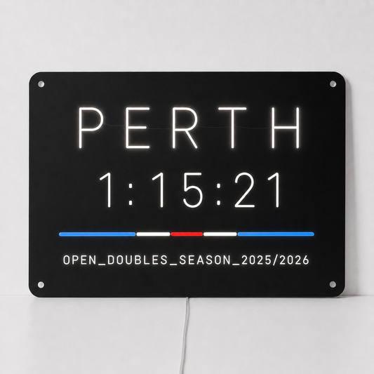 Perth hybrid race finish time LED neon sign in white neon on a black acrylic panel, with a personalised finish time and division and season line