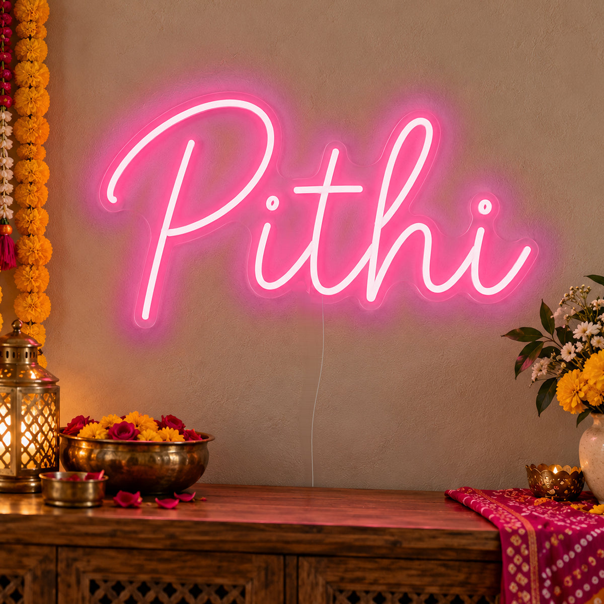 Pithi Neon Sign in rose red LED neon on clear acrylic, angled view