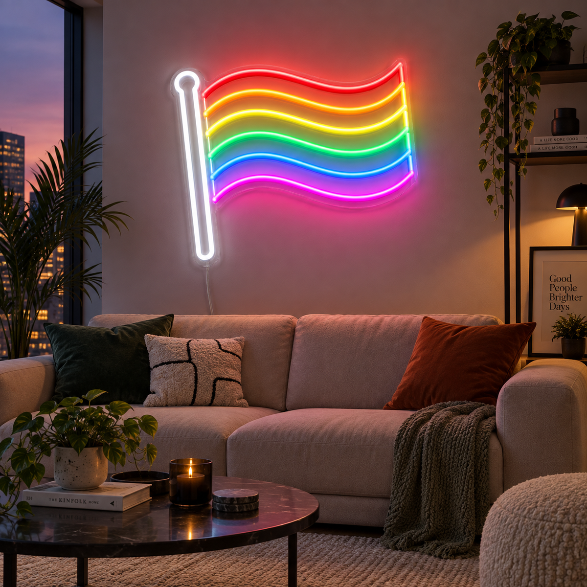 Pride Neon Sign glowing on a modern apartment wall
