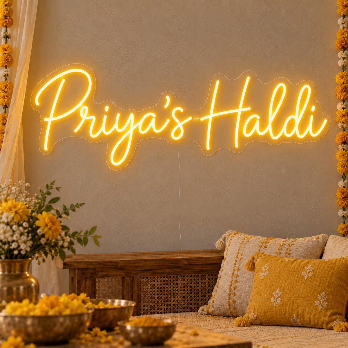 Personalised Haldi Neon Sign on clear cut-to-shape acrylic, illuminated on a wall in a styled celebration setting; sample personalised wording shown
