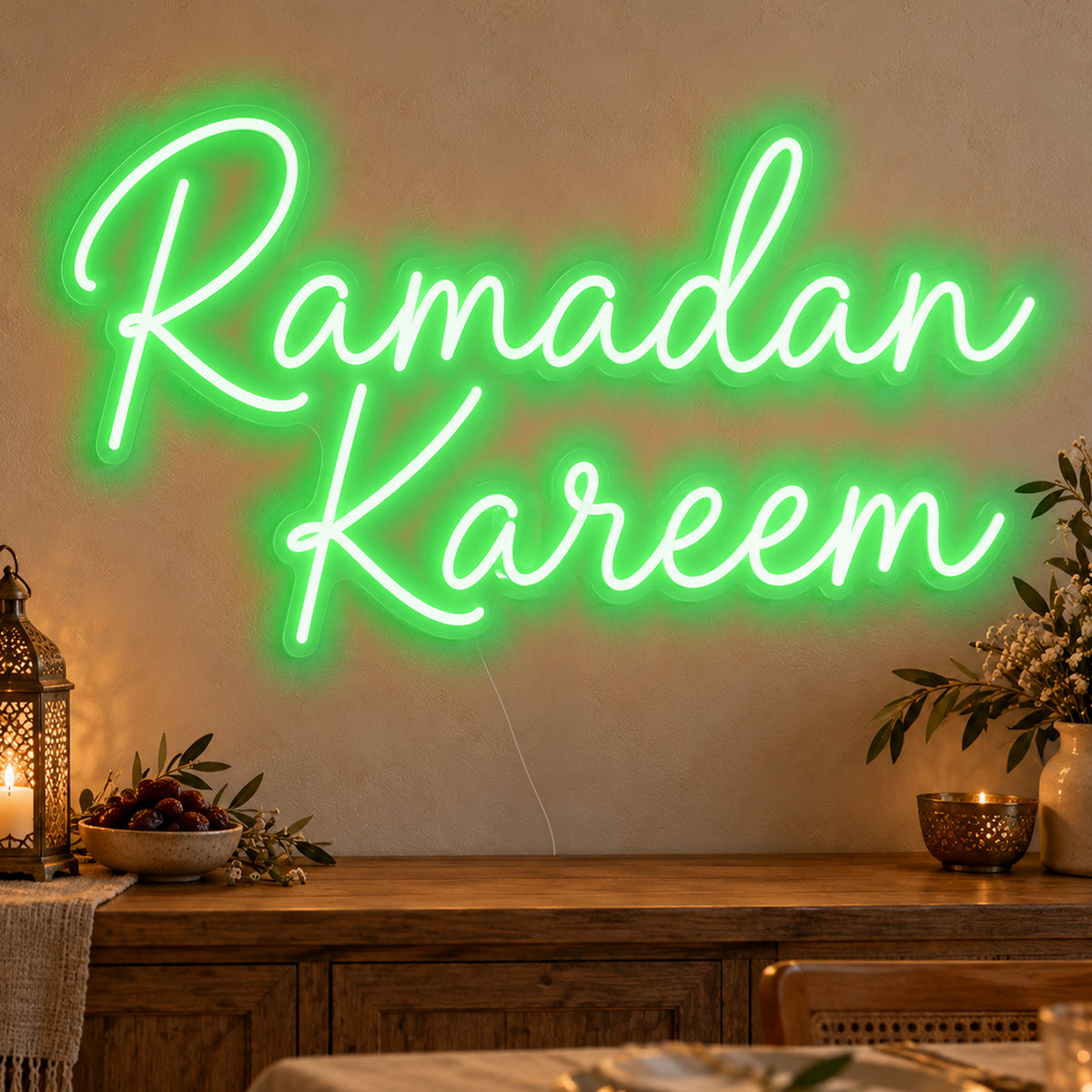 Ramadan Kareem Neon Sign in green LED neon on clear acrylic, angled view