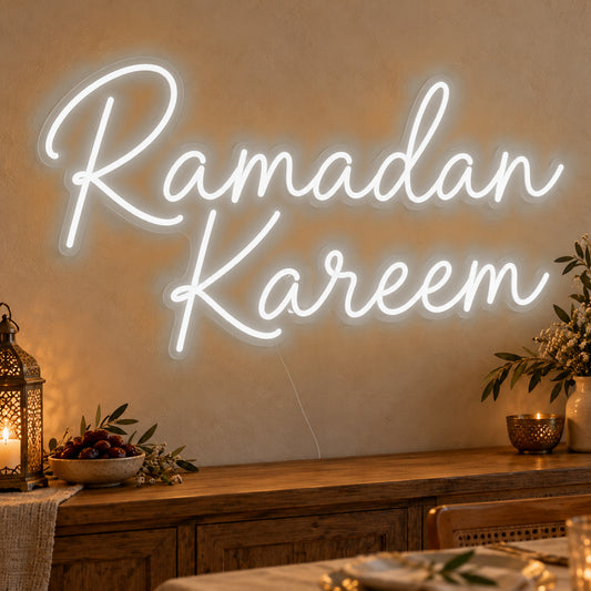 Ramadan Kareem Neon Sign in white LED neon on clear acrylic, angled view